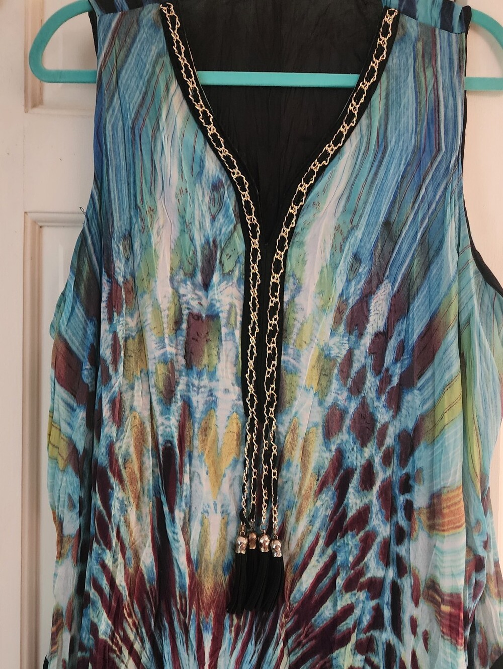 V-Neck Blue Tie-Dye Asymmetrical Handkerchief Hem Dress - Picture 3 of 4